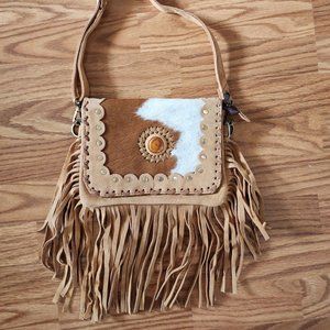 Genuine Handmade Cowhide Leather Fringe Flip Top Crossbody Bag